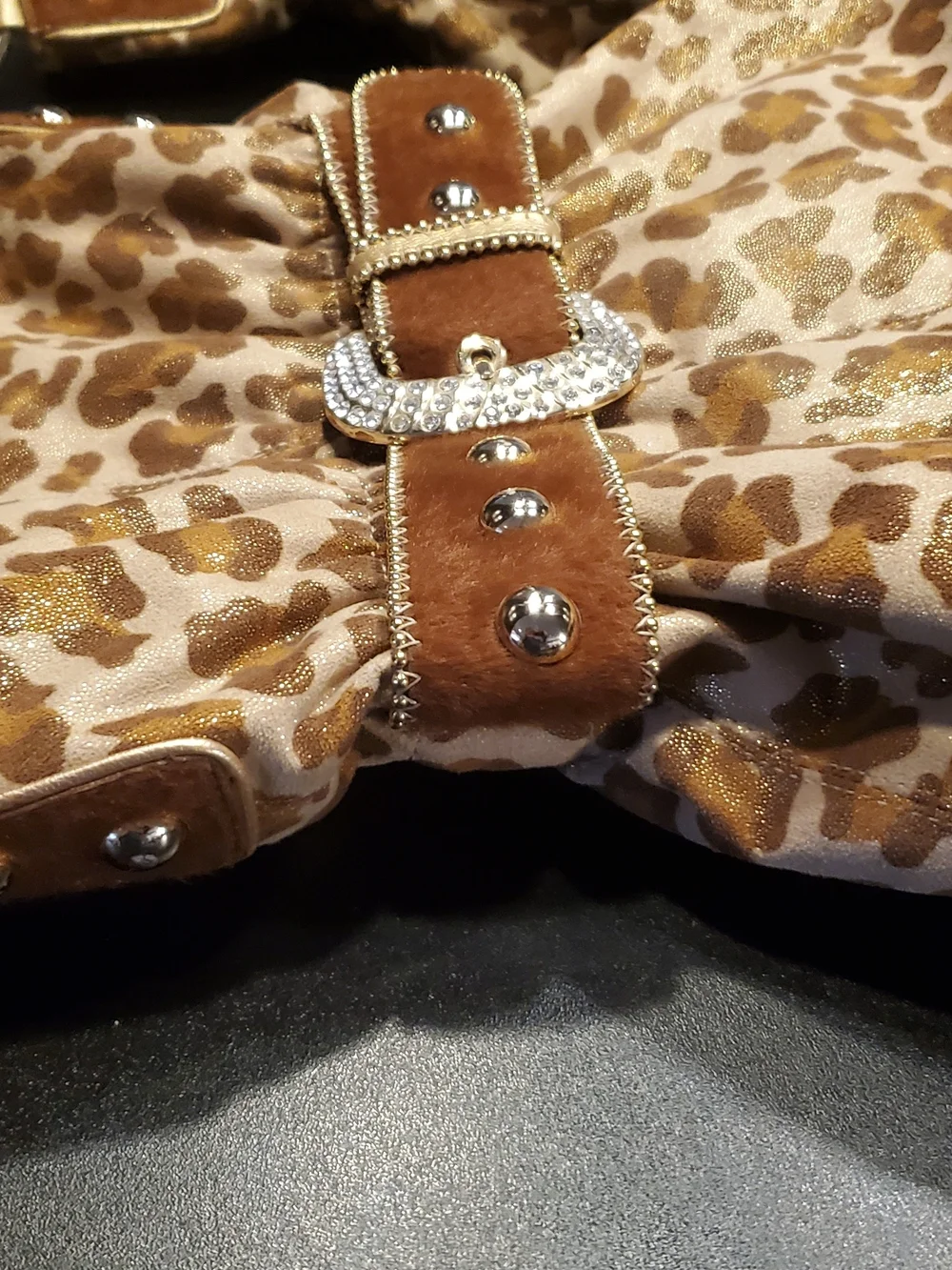 Kathy Van Zeeland Rhinestone Buckle Brown Leopard Print Waist Belt Purse